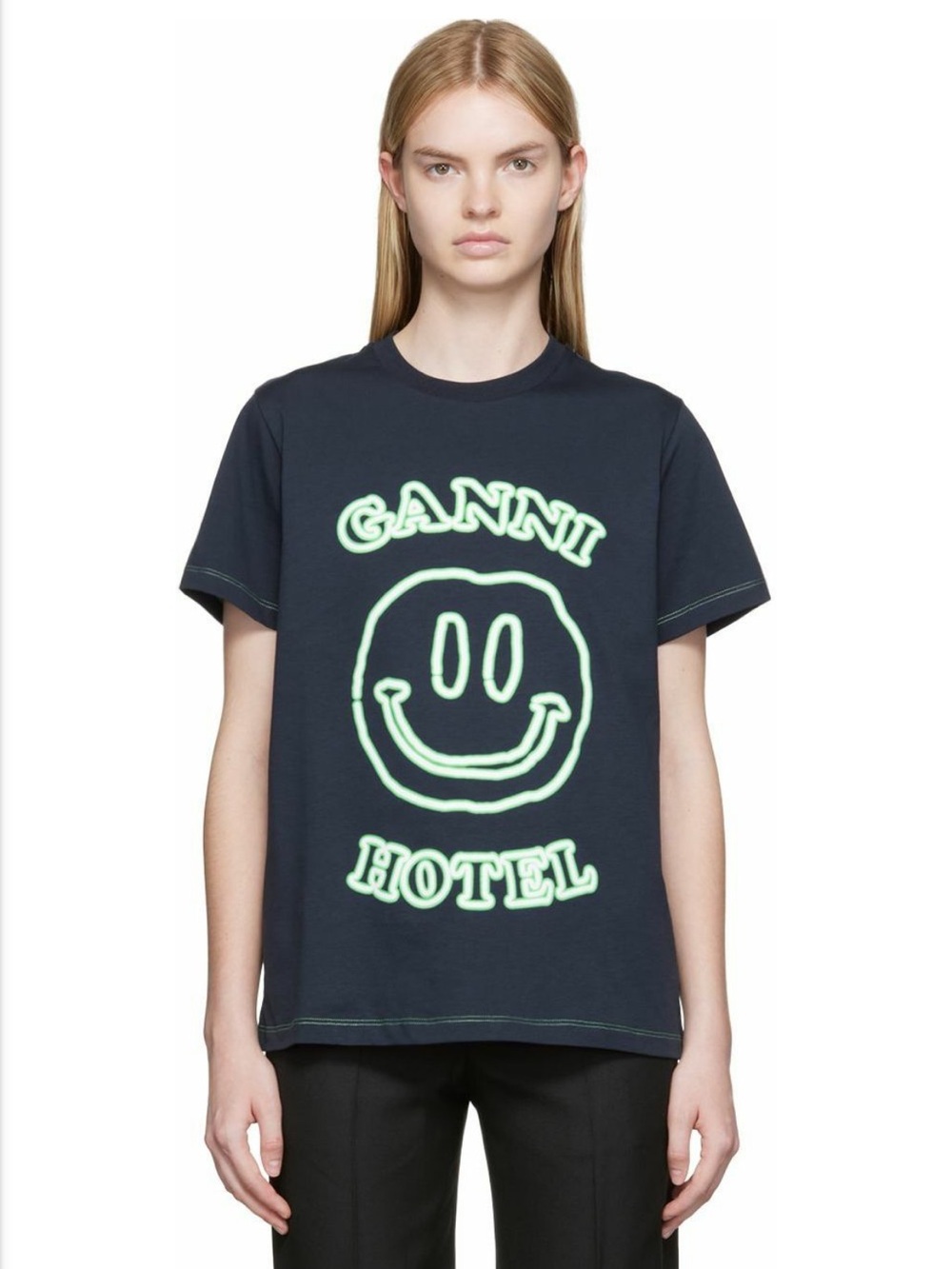 GANNI Navy Blue Ganni Hotel Smiley Face T-Shirt Tee - Picture 6 of 16